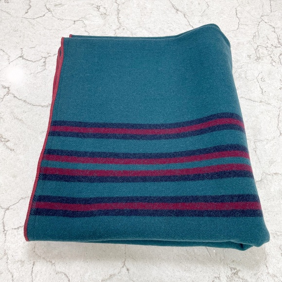 Wool Throw Blanket Teal Red Striped Vintage Large 69